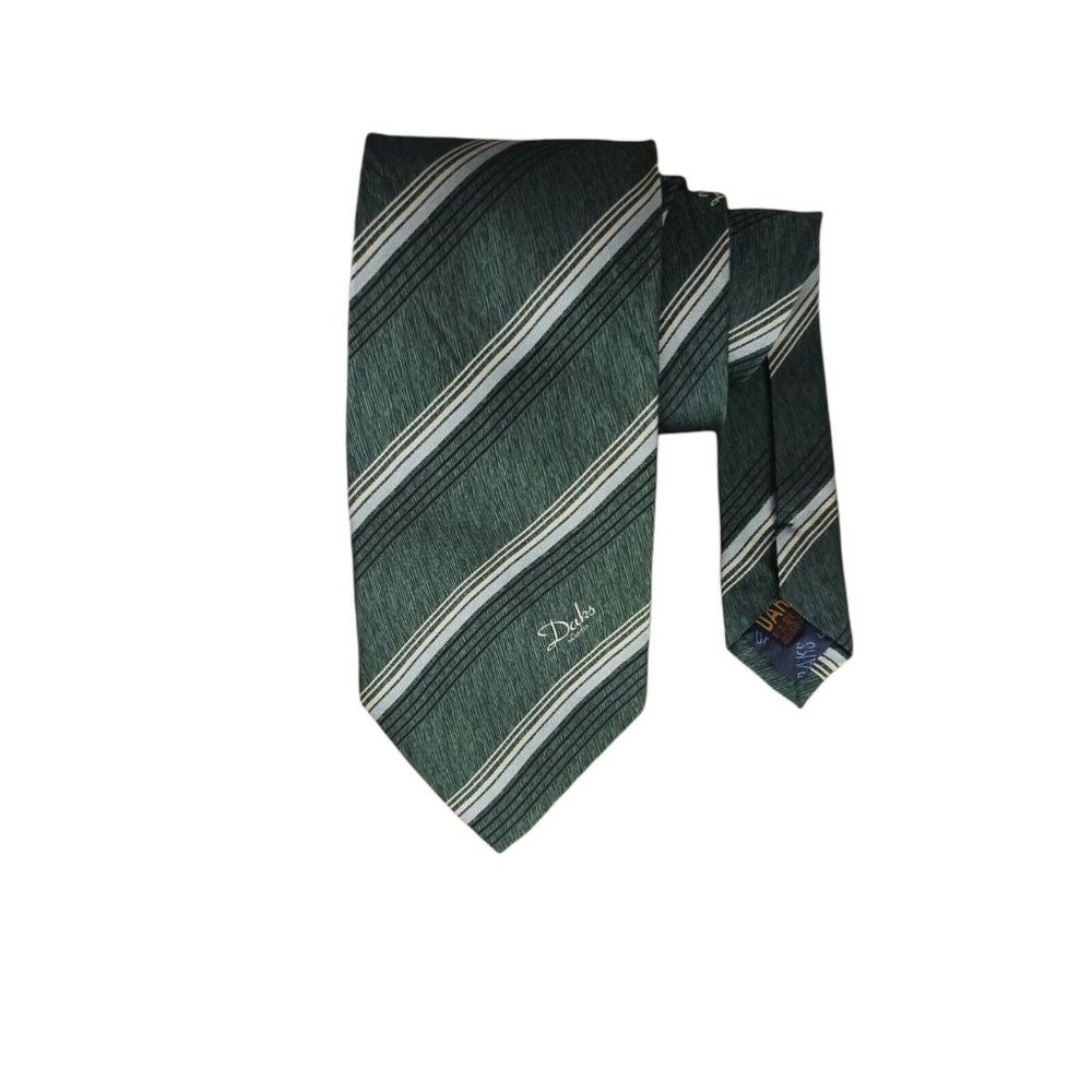 DAKS Green Striped Logo Silk Tie ENGLAND 58"/ 3.5" EC
